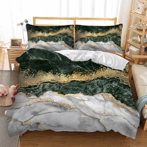 Duvet Doona Quilt Cover Set Marble Gold Blue Green Pink Wine Red Brown Marbled - Bild 3 von 13