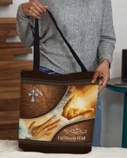 Personalized Faith Over Fear Tote Bag, Vintage Faith Jesus Handbag Lovers Gift