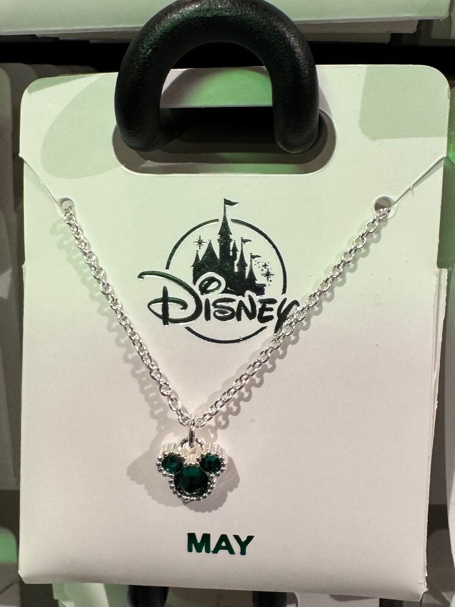 Disney Parks Mickey Mouse Faux Emerald May Birthstone Necklace Silver Color