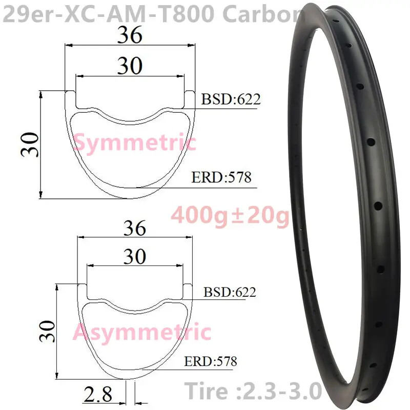 MTB 29er XC AM E-Bike Fibra de Carbono Bicicleta de Montaña Llantas 36x30mm Cubierta Tubeless