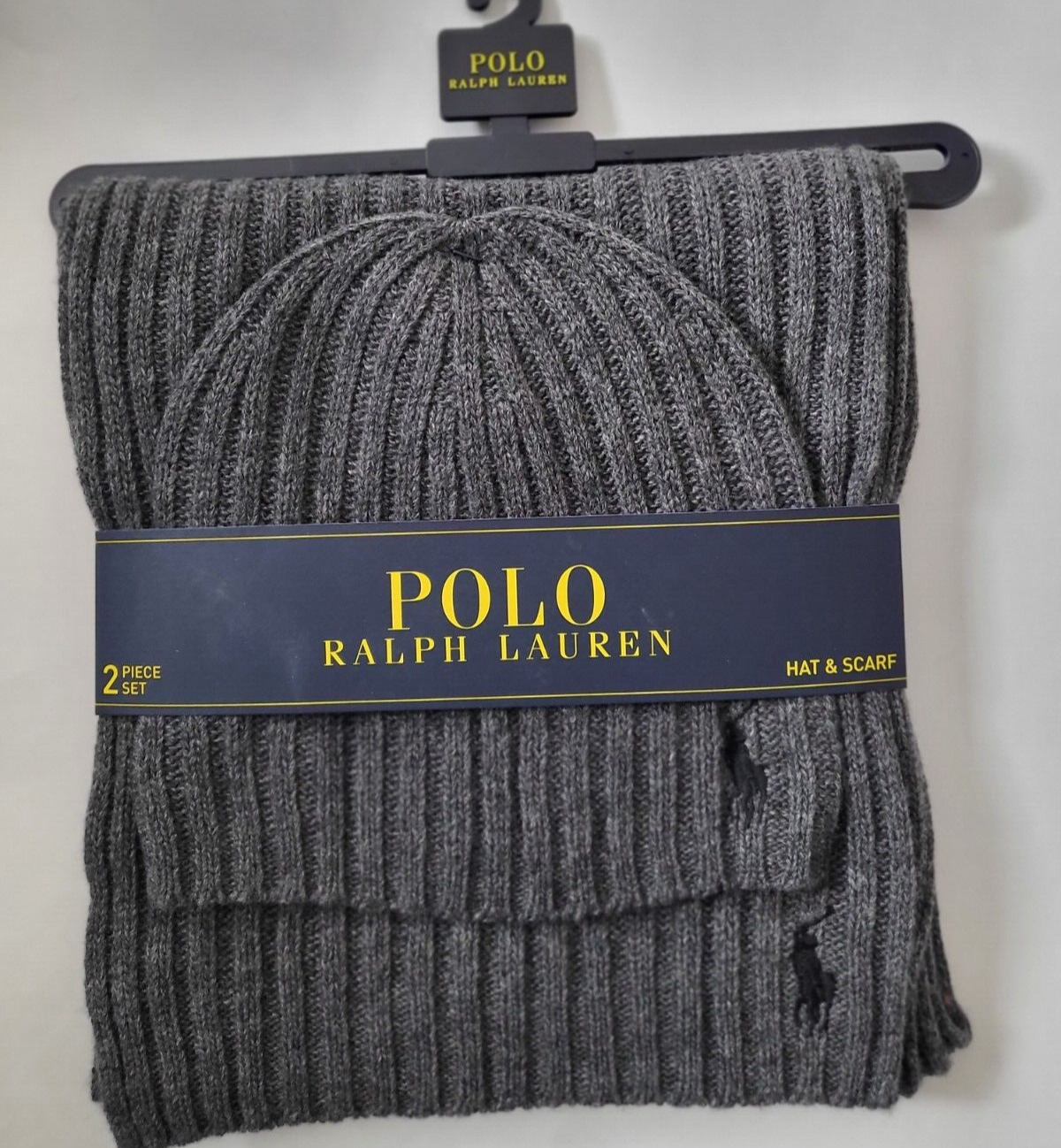Polo Ralph Lauren uomo set 2 pezzi cappello e sciarpa logo pony misto lana grigio