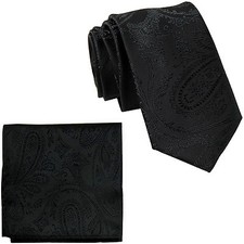 New Men's 2.5" skinny polyester Woven necktie hankie set paisley black wedding