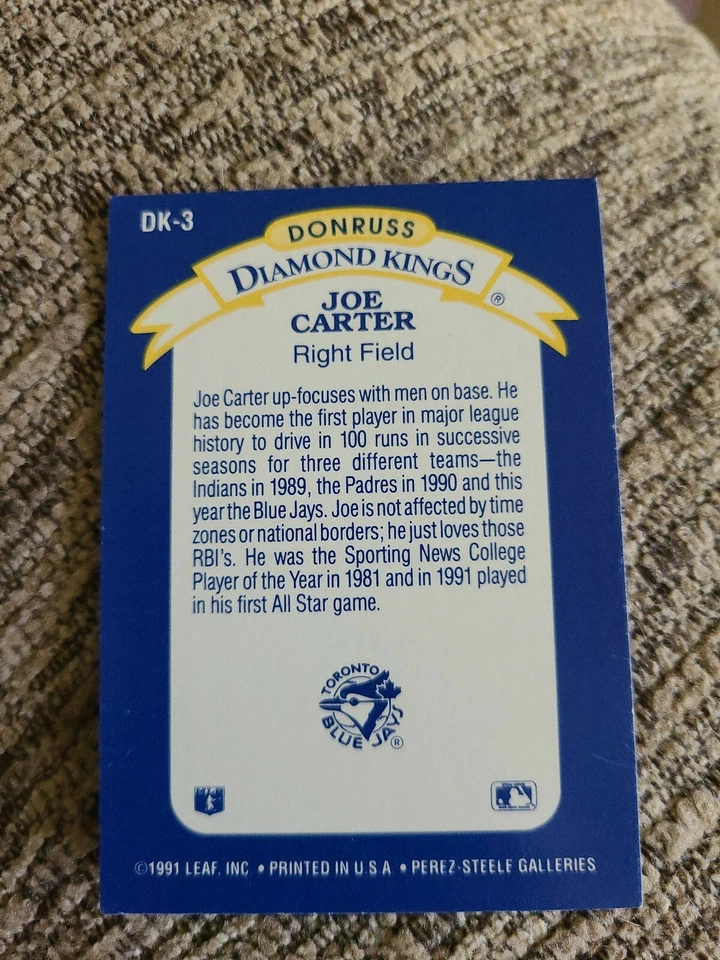 Joe Carter 1992 Donruss Diamond Kings Baseball Card DK-3 Toronto Blue Jays - Image 2 of 2