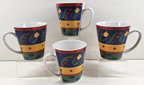 4 Signature Tuscan Tulips Mugs Set Vintage Floral Drinking Coffee Cups Retro Lot