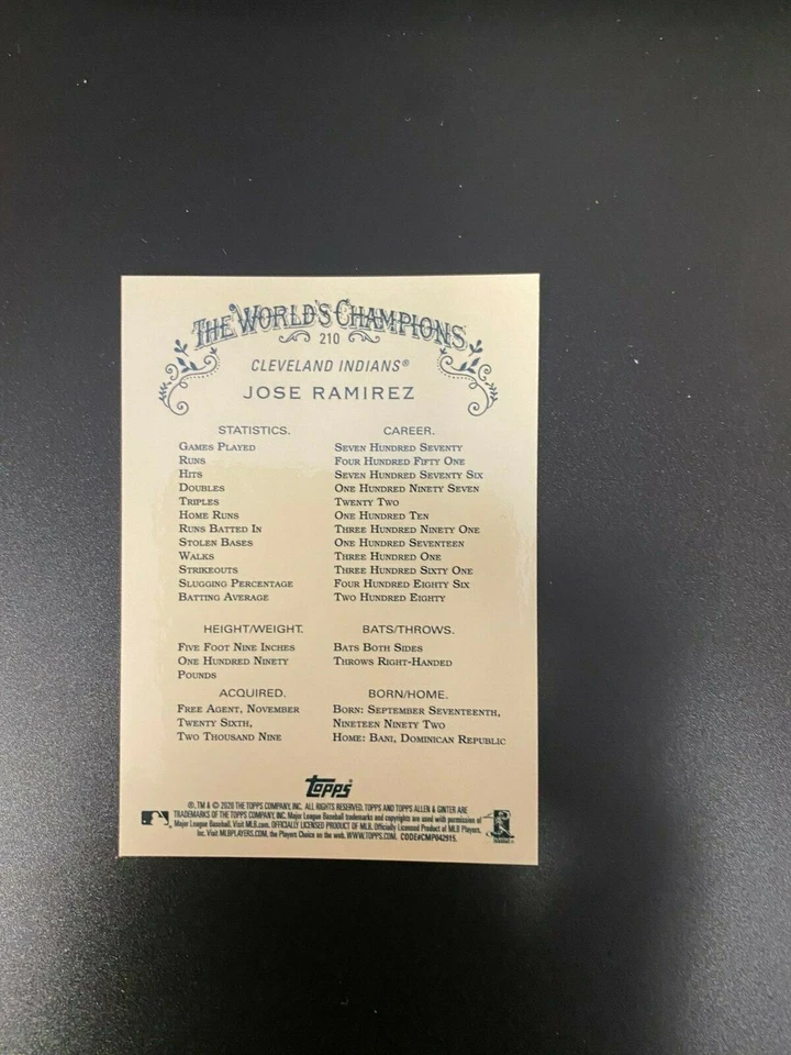 2020 TOPPS CHROME ALLEN & GINTER JOSE RAMIREZ  # 210 - Image 2 of 2