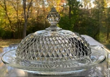 "Diamond Point”  by  Indiana Glass - Pressed Glass Oval Covered Butter Dish  9”