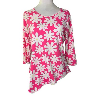 Lulu-B Women s Extra Small Bright Pink Daisy Floral Print Asymmetric Hem Top