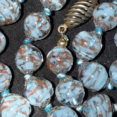 Necklace Venetian Murano Italian Art Glass 9mm Beads 25  Baby Blue 24k Gold Flex