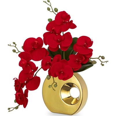 Artificial Orchid Flowers in Gold Pot 15.7'' Tall Red Velvet Faux Orchid Arran...