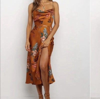 Petal + Pup Gold Flower Print Sz 6 Midi Boho Dress Wedding Guest Cowl Neck