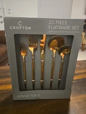 Crofton 20 Piece Flatware Set New In Box Service for 4 Graphite Color Gold