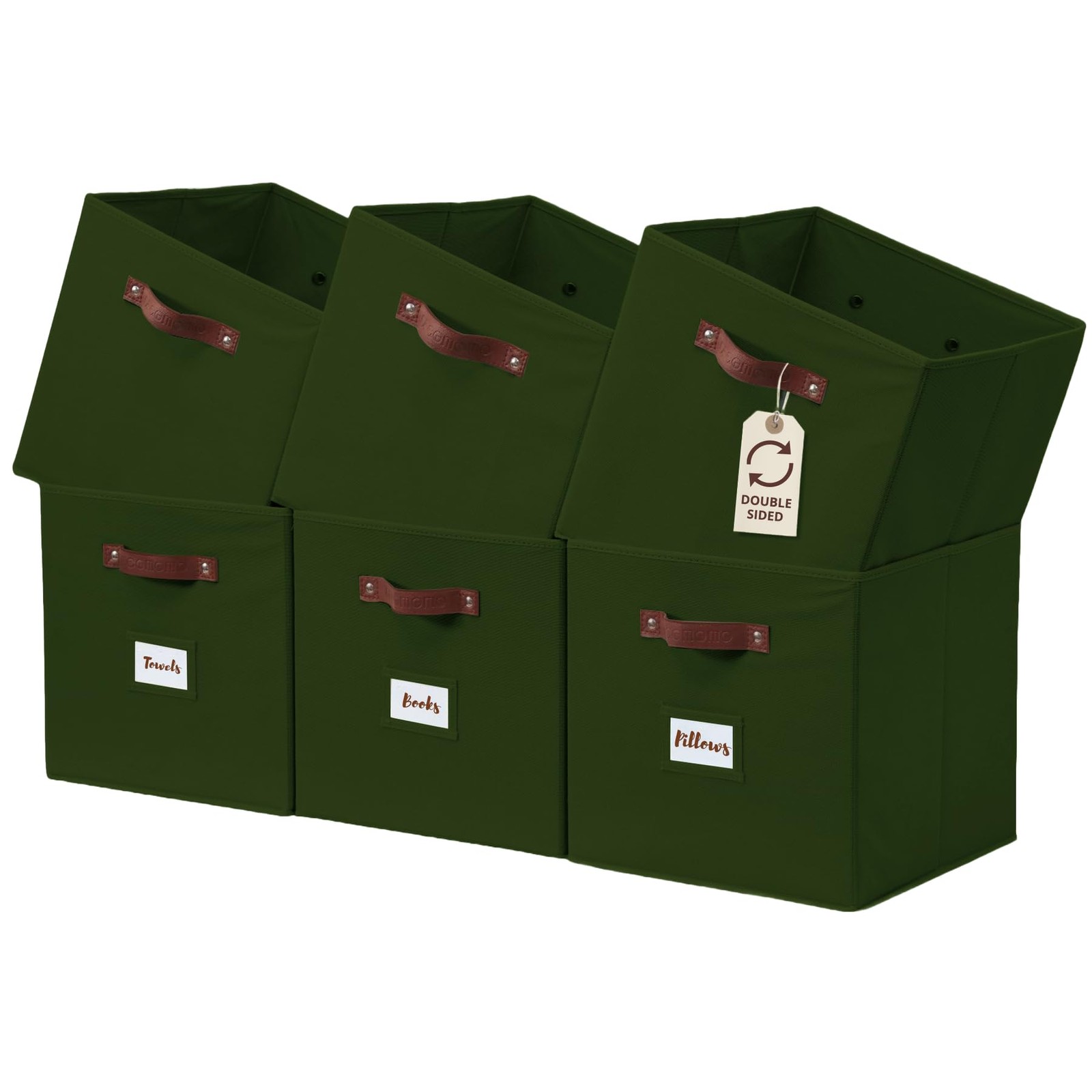 6-Piece Olive Fabric Storage Bins for Shelves 10.5x11 Inch Cube Organizers with Labels-image