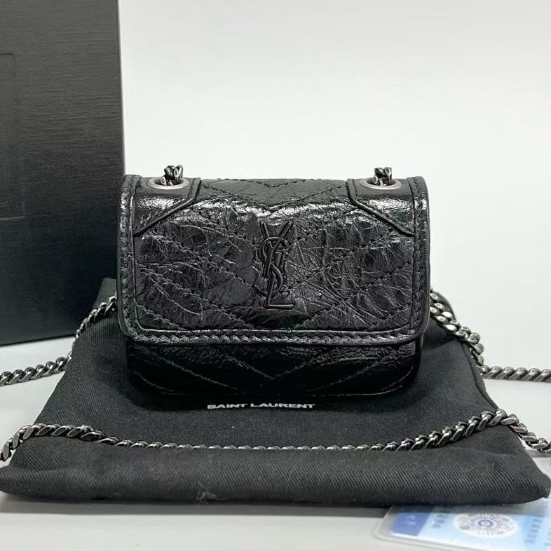 YSL Niki Tiny Black Crinkled Leather Silver Chain Crossbody Authentic
