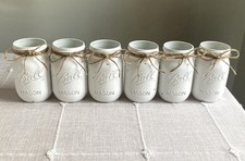 Set of 6 chalk painted distressed white mason jar vases  mix  match colors 