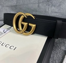 Authentic Gucci Black Leather Belt, Gold GG Buckle, Size 90cm Women’s 6-8