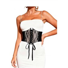 Womens Black Lace Corset Belt Waist Cincher Wide Elastic Band Ribbon Tie Accent