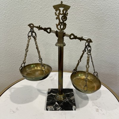 ANTIQUE DE FAVERI CREATION ITALIAN BRASS SCALES OF JUSTICE WITH MARBLE BASE