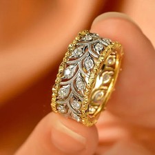 Leaf Ring Simulated Zirconia Prong Set Two Tone Wedding Band Women Jewelry