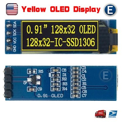 0.91'' 128x32 IIC I2C Yellow OLED Display Module DC3.3V 5V 128*32 for Arduino