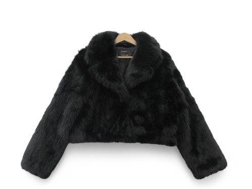 River Island Faux Fur Jacket Large Black Womenswear Cropped Collared - Preloved