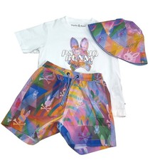 Psycho Bunny Boy Rainbow Bunny Skull Swim Trunks Bucket Hat Tee Set Size 4  5/6