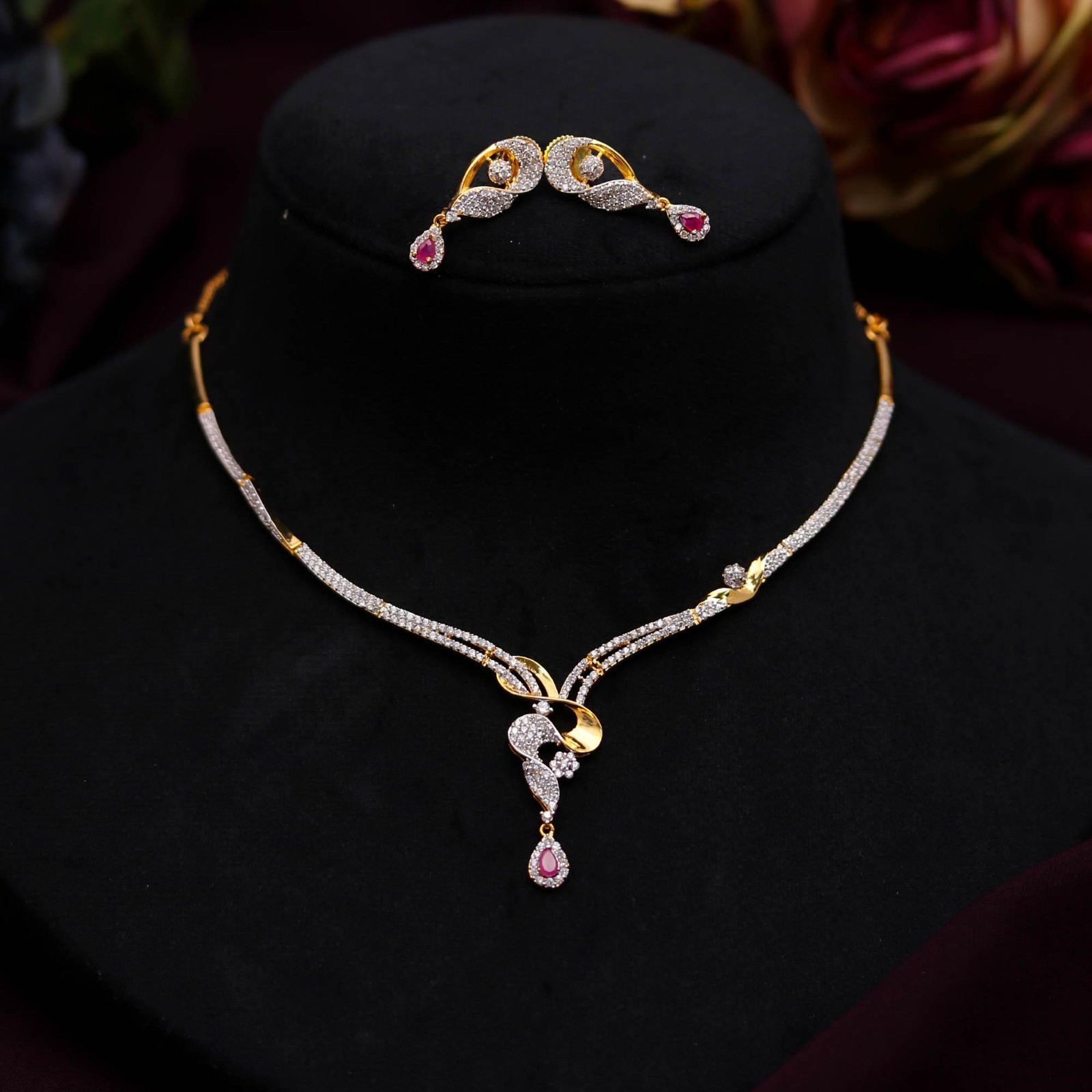 Ruby Pink CZ V Neck Necklace Earrings Set, Gold Plated jewelry Valentine Gift