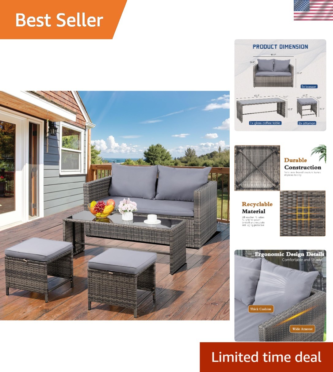 Comfortable Grey Wicker Patio Furniture Set – Perfect for Garden and Poolside