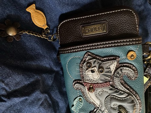 Chala Convertible Small Crossbody Pouch Purse Turquoise Cat Applique Zip