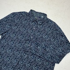 Robert Graham Shirt Men L Dark Blue Leaf All Over Print Up Flip Cuff Long Sleeve