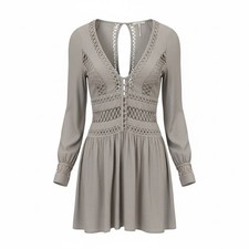 Free People Boho Crochet LaceMini Dress Taupe Long Sleeve Festival Cottagecore 6