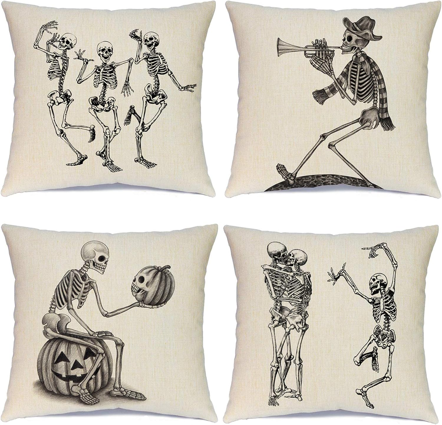 Spooky Halloween Skeleton Skull Pumpkin Pillow Covers Set of 4 Cotton Throw-image