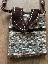 Vintage 70s Crochet Knit Macrame Suede Hippy Shoulder Bag