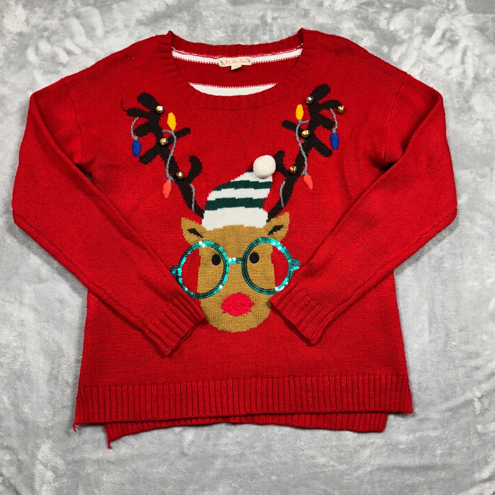 It's our Time Ugly Red Christmas Sweater Sz M Rudolph Bells Pom Pom Sequins