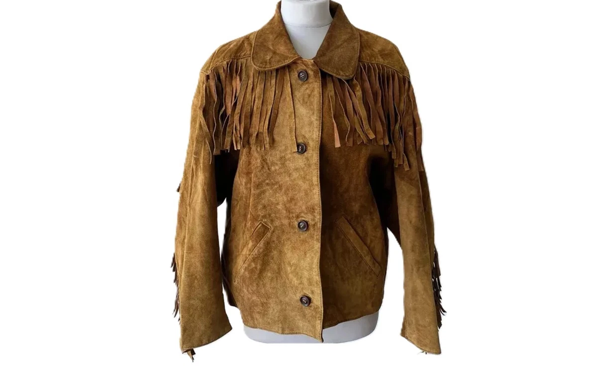 Manteau Western En Cuir Daim Marron – Style Cowboy Vintage à Franges – Neuf Avec étiquettes – Fait Main En Inde