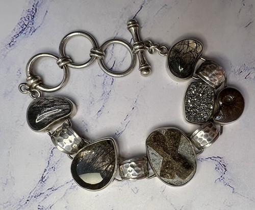 Handmade Fine Silver Ammonite Staurolite Rutilated & Drusy Quartz Bracelet - Picture 2 of 14