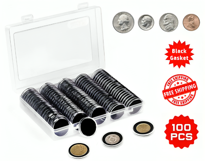 #ad 100 PCS 30MM Clear Round Coin Capsules Plastic Coin Holders amp;Black Gaskets amp; Box $11.99