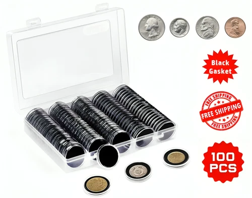100 PCS 30MM Clear Round Coin Capsules Plastic Coin Holders &Black Gaskets & Box