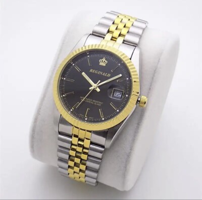Reginald Mens Wrist Watch Silver White Gold Black Analog Quartz New Battery. New