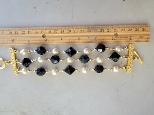 VINTAGE QUALITY UNSIGNED BEADED PEARL 3 LAYER CHAIN BRACELET BLACK BEADS WHITE P - Bild 6 von 11