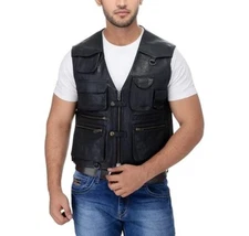 Vest Leather Men's Biker Motorcycle Jacket Men Pockets Concealed Carry Black 12