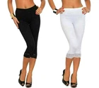 WOMEN LADIES CAPRI SOFT 3/4 CROPPED LACE TRIM LEGGINGS STRETCHY COMFY PANTS