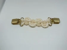 Collectible Gold Tone Sweater Clip Lace Like Center Off White 5" Long