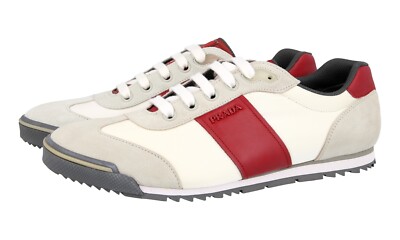 PRADA Suede + Nylon Sneakers Linea Rossa 4E3236 Beige Red NEW -  US 10 EU 43