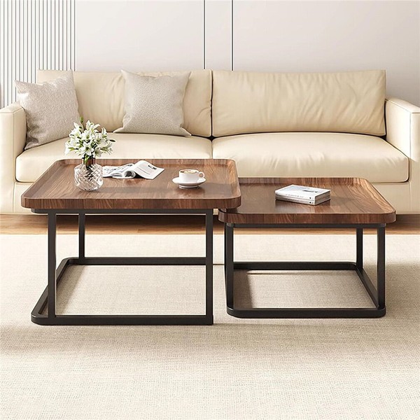 Vintage Couchtisch Satztische 2Er Set Holz Wohnzimmertisch Braun Beistelltisch-image