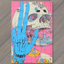 STICKER Blue Skeleton Hand Giant Skull Cartoon Style Vibrant Pink Background