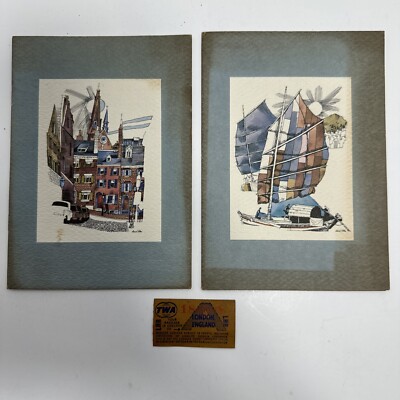 Two Vintage TWA Airlines Menus Hong Kong and Boston & London Baggage Tag