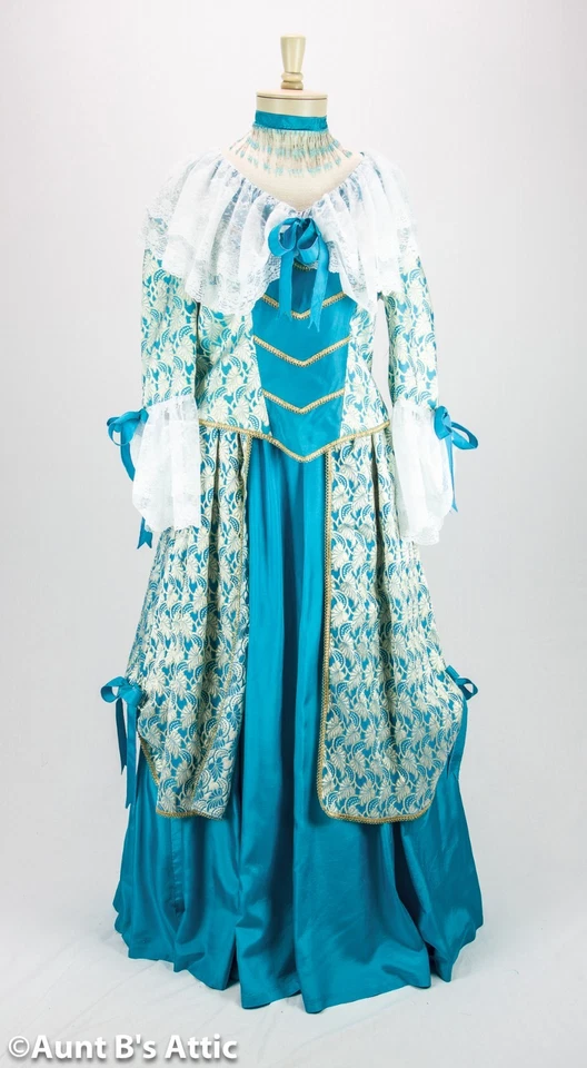 Vestido Colonial Damas Siglo XVIII 3 Piezas Falda Top y Gargantilla Azul Aqua y Blanco Md Foto 3 de 4