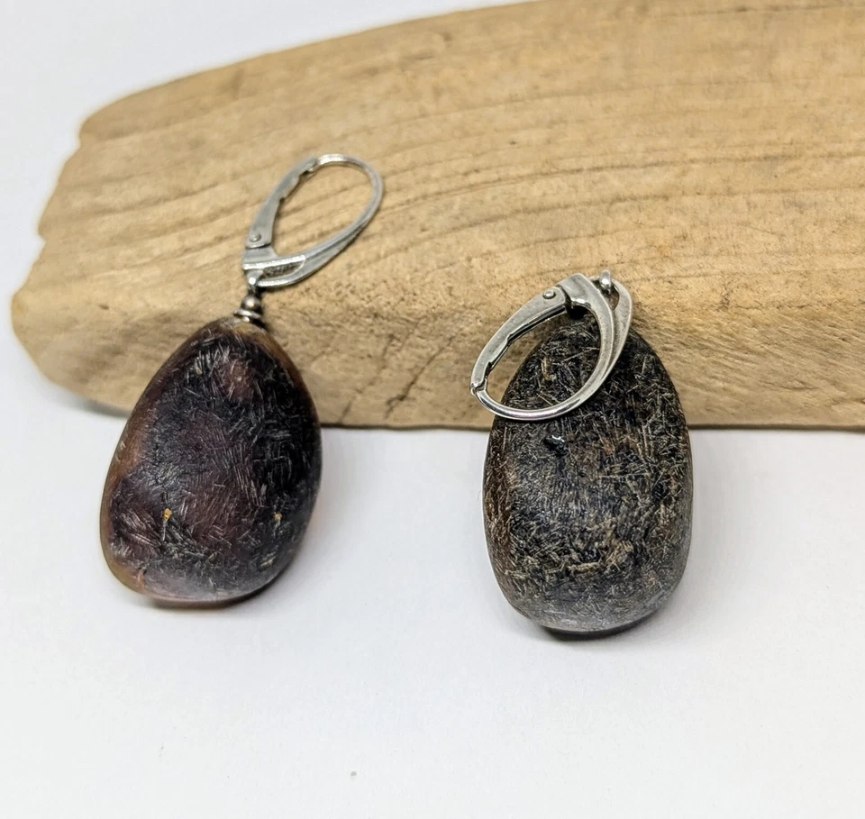 Orecchini ambra naturale nera gocce pietre preziose naturali non lucidate... - Immagine 4 di 4