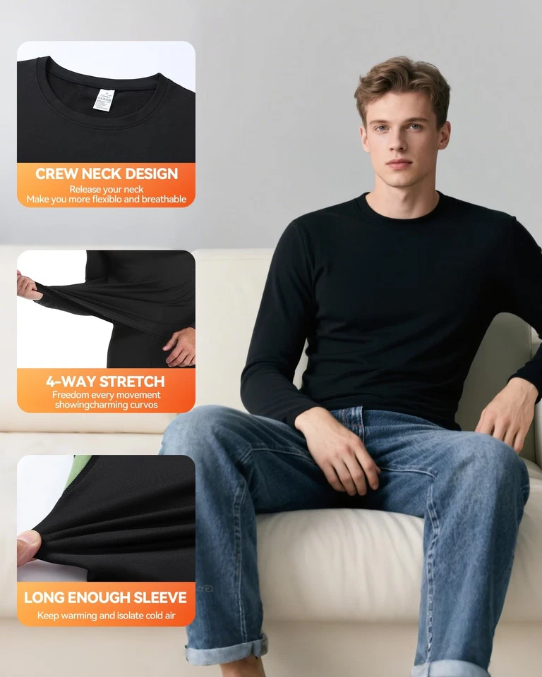 Men's Thermal Underwear Shirt, Fleece Lined Base Layer Cold Weather Tops Long... - Image 3 of 4