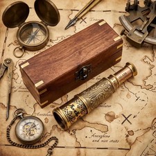 Engravable Working Brass Telescope with Wooden Box, Pirates Spyglass, Boating Gi